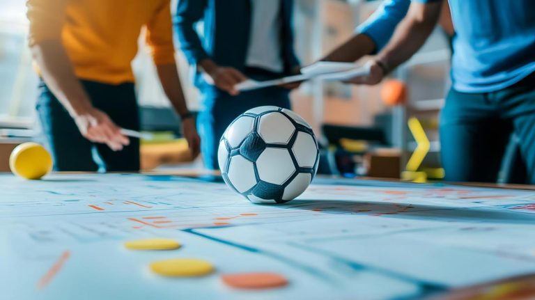 Piłka nożna na stole z planami i dokumentami — strategiczne planowanie finansów klubu sportowego